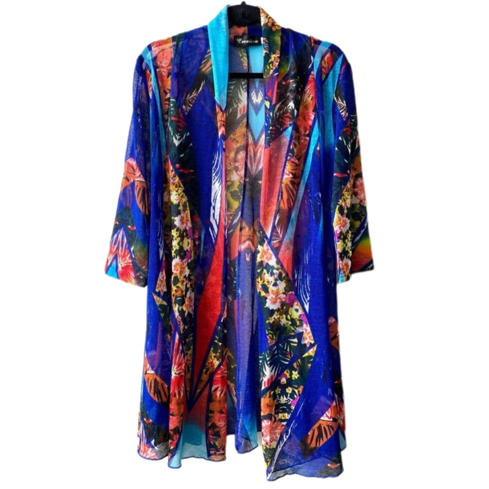 Creation Vibrant Sheer Long Open Cardigan Colorful Tropical Floral Print, Medium